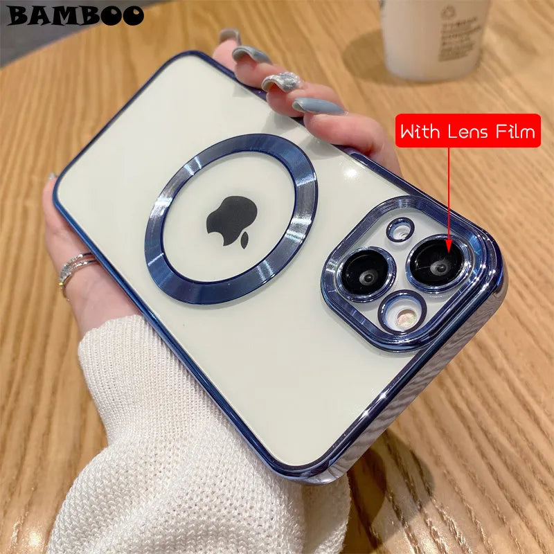 Luxury Plating With Lens Flim Clear Soft Phone Case for iPhone 15 14 Plus 13 12 Pro Max 11 Magsafe Magnetic Anti-drop Cover Capa