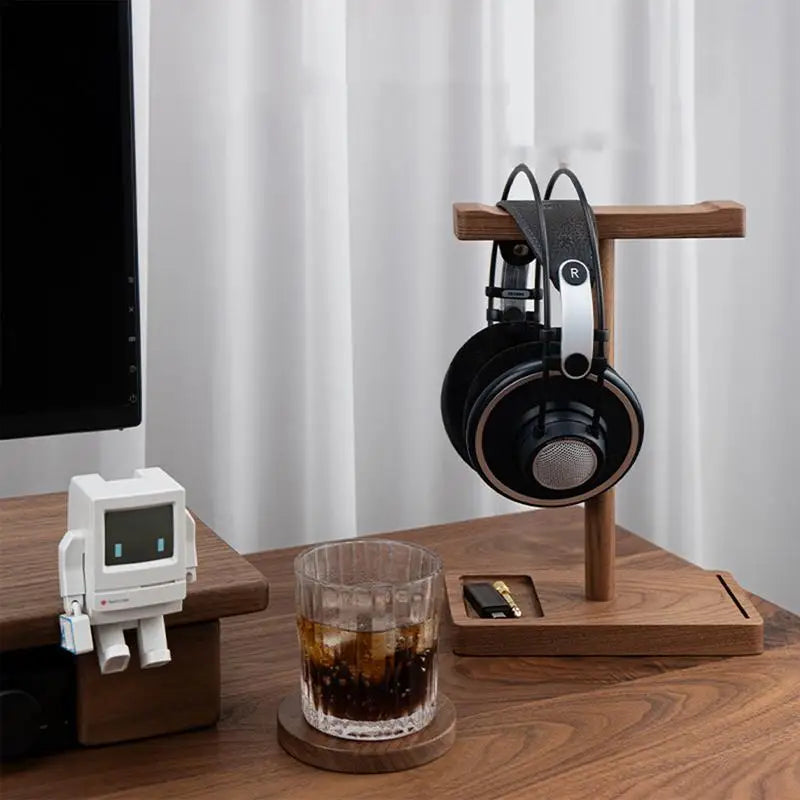 Black Walnut Universal Dual Headset Holder Headset Display Shelf Desk Hanger Headphones Stands Storage Brackets With Small Tray