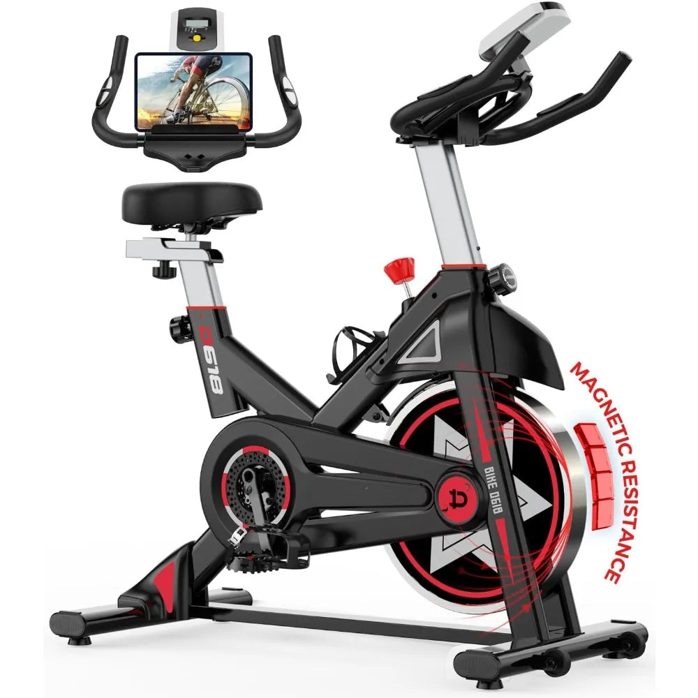 Exercise Bike, Home Gym Stationary Bike, Magnetic Resistance, with Cushion and Ipad Holder, Silent Belt Drive, Exercise Bike