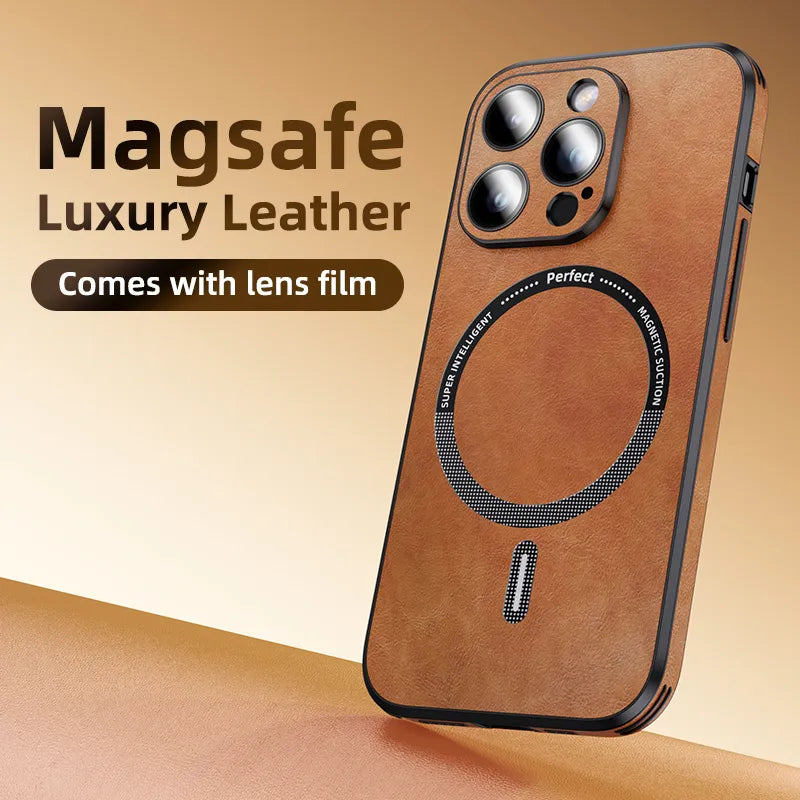 Luxury Shockproof Glass Lens Protect Magnetic Leather Phone Case For iPhone 15 14 13 12 11 Pro Max Mobile Cover Magsafe Funda