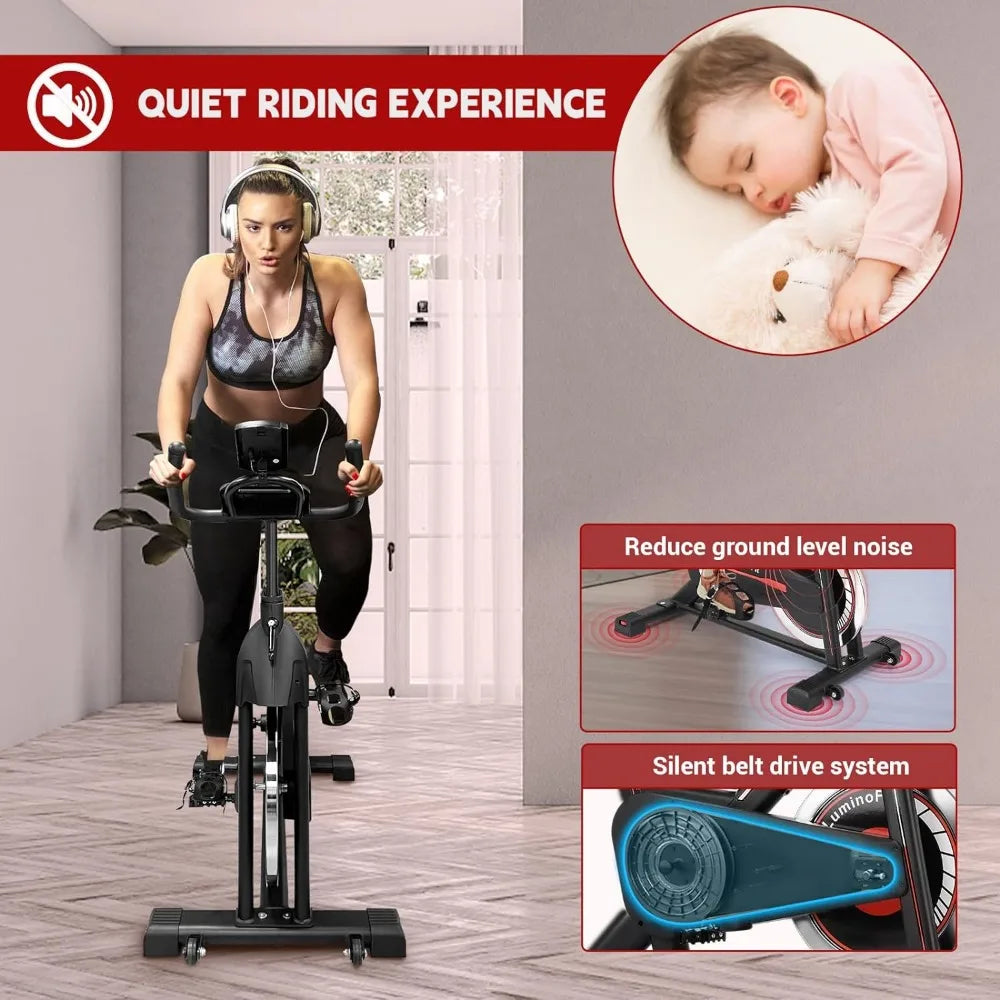 Exercise Bike, Home Stationary Bike, Indoor Bike with Silent Belt Drive System, IPad Holder, LCD Monitor, Exercise Bike